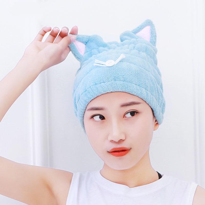 Women's Quick-Dry Coral Fleece Hair Wrap - Soft, Absorbent Cat Ear Bath Cap