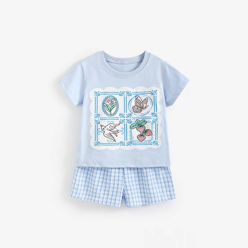 Girl Summer Cotton T Shirt And Shorts Set With Cartoon Pattern For Toddler Kids