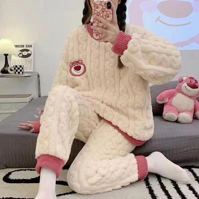 Autumn/Winter Coral Velvet Pajamas for Women Warm Casual Flannel with Velvet Thickened Can Be Worn Outside The Home Suit