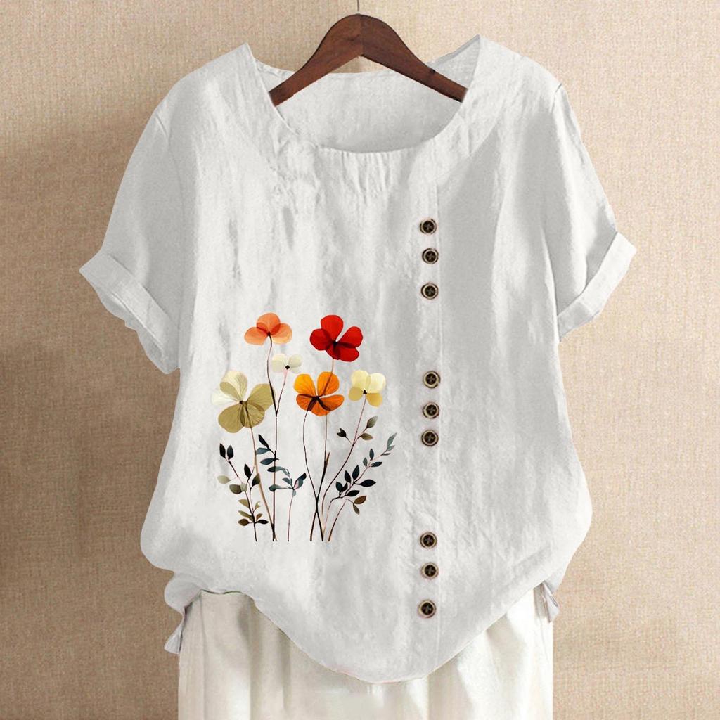 Women's Fashion Casual Round Neck Short Sleeve Cotton And Linen Printed T-shirt Top