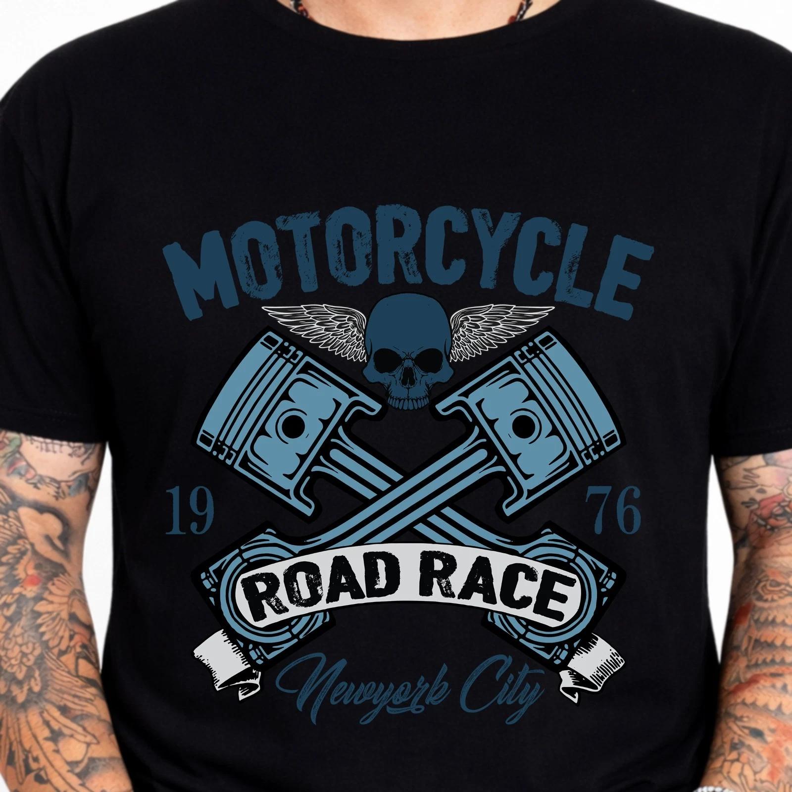 Motorcycle Road Race Tee Skull Piston Biker Vintage New York Graphic T-Shirt. S