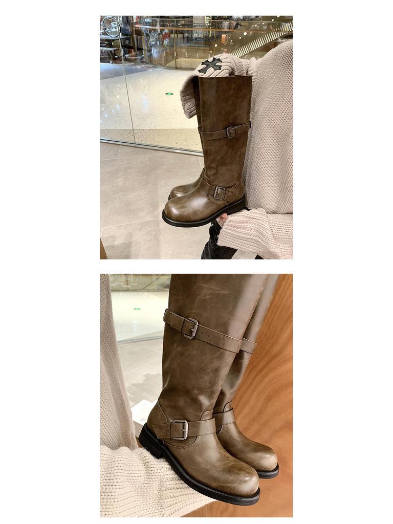Su Yinyin Retro Cowhide Double Buckle Over-the-Knee Chunky Heel Round Toe Knight Boots for Women