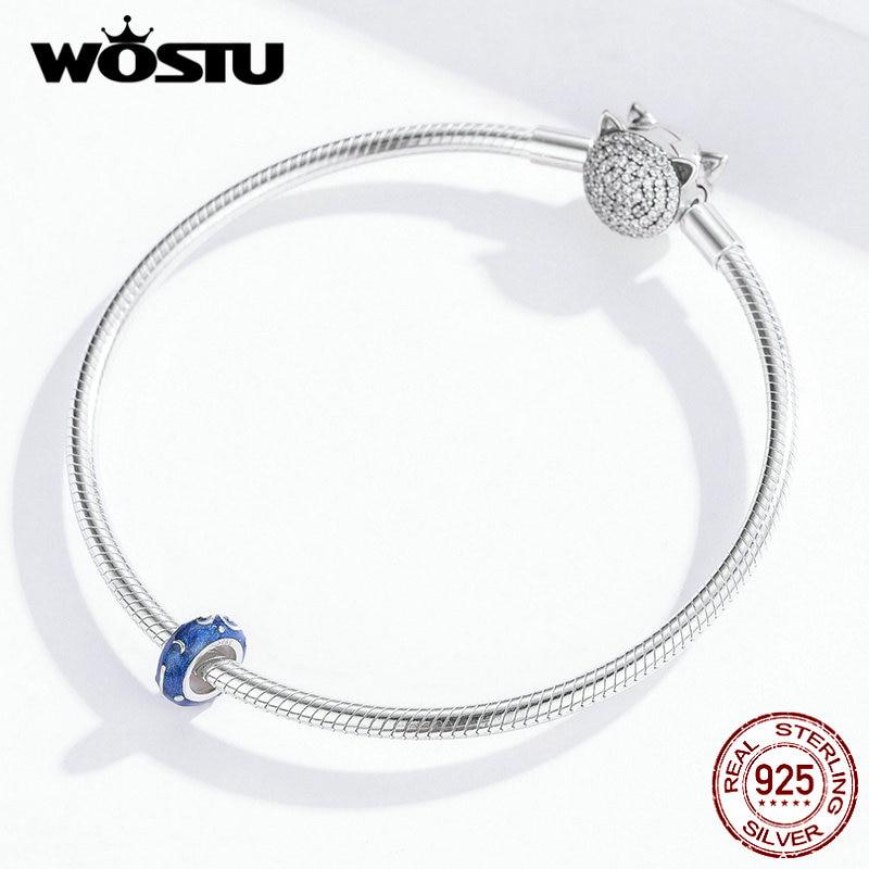 WOSTU Ekte 925 Sterling Sølv Stjerneklar Himmel Blå Stopper Silikon Mellomleggsperler Passer Original Armbånd