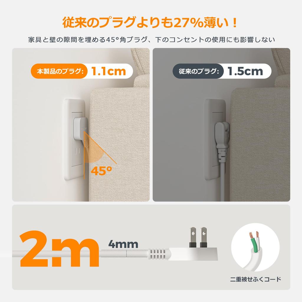 TESSAN 2m Magnetic Power Strip Extension Cord with Slim Plug, Octopus-Leg Outlets, and USB Included. 8 AC Outlets, 1 Type-C and 3 Type-A Ports, Perfec