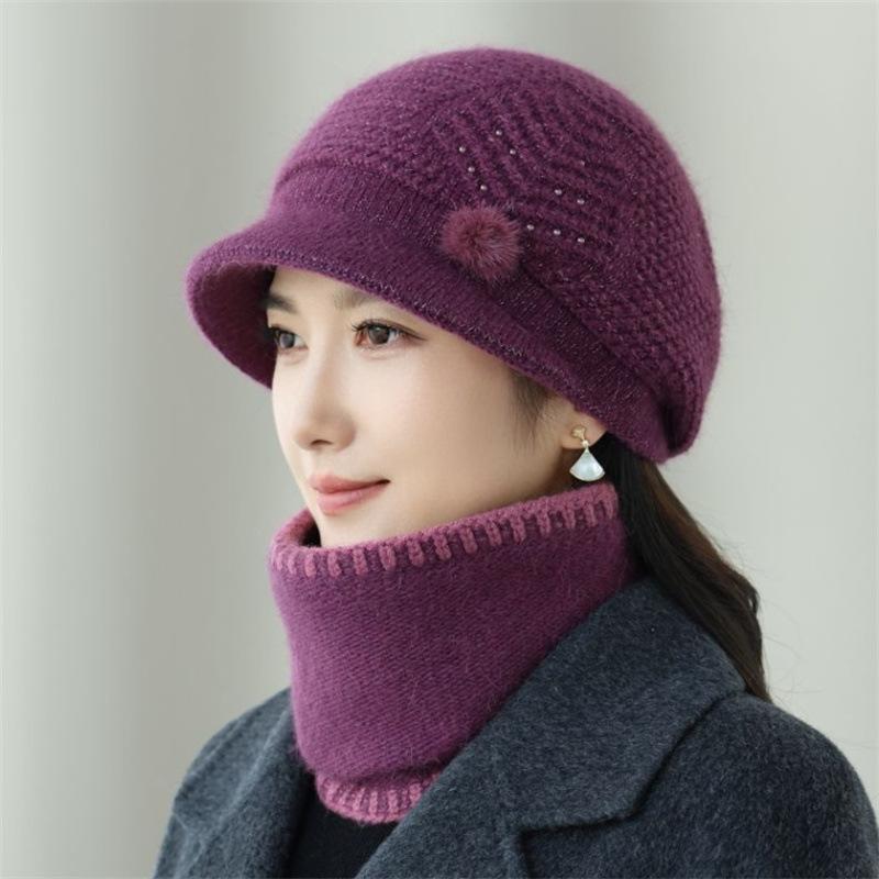 Knitted Bucket Hat Women's Autumn and Winter Velvet Warm In the Elderly Mother Hat Ear Protection Cold Thickening Foreign Gas Knitting