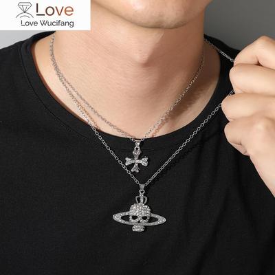 Cross Skull Saturn Necklace Crystal Rheinstone Pendant Gothic Death Planet Jewelry Hip Hop Punk Woman Man Accessories Gift
