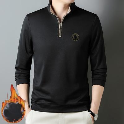 New Men's Autumn and Winter Velvet Thickened Green B Long-sleeved Half-zip Polo Shirt for Men with Lapel Simple Business Young and Middle-aged People
