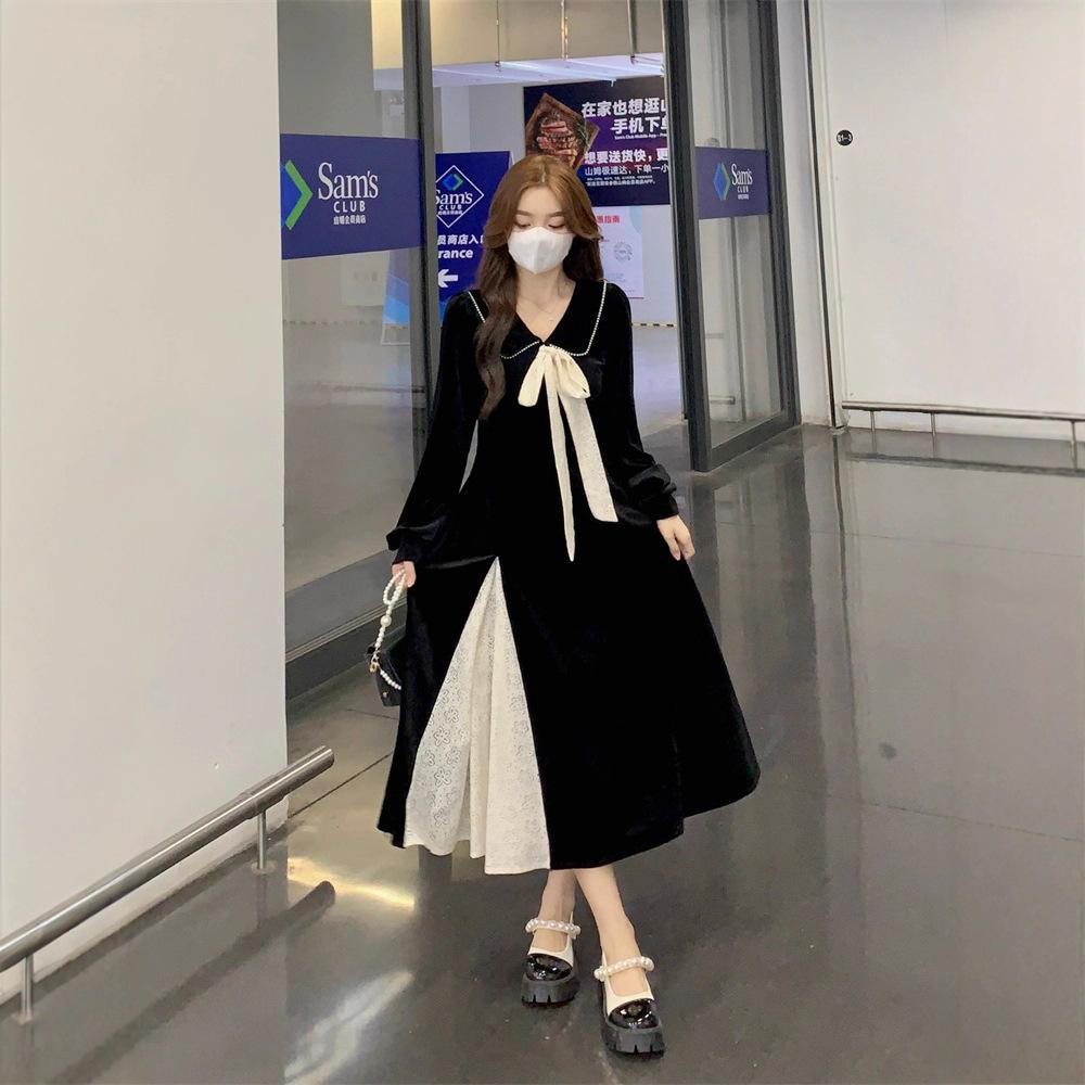 Large Size Women's Hepburn Style Black Velvet Dress Autumn and Winter Sweet Doll Collar Skirt Splicing Contrasting Color Long Skirt
