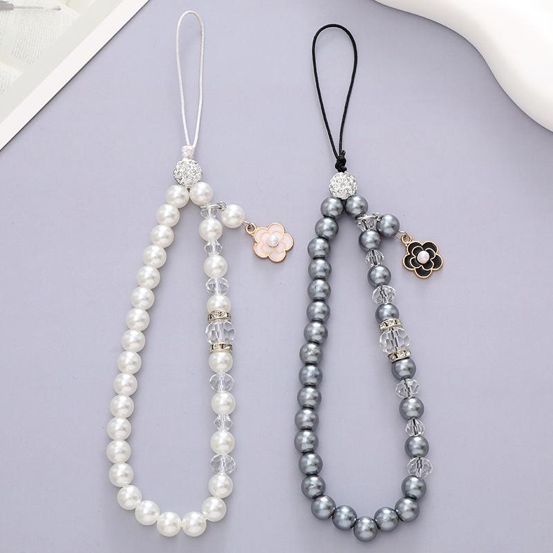 Fashion Flower Pendant Phone Strap Charm Chain Acrylic Pearl Metal Beaded Cellphone Lanyard Keychain Girl Bag Camera Pendant