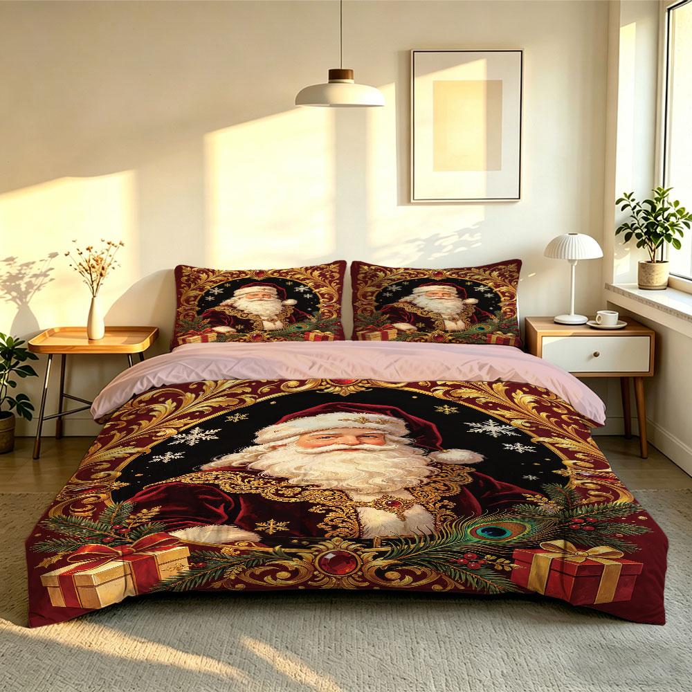 Christmas Duvet Cover Set 3Pcs Vintage Santa Claus Red Gold Print Soft Microfiber Bedding with Pillowcases Decor