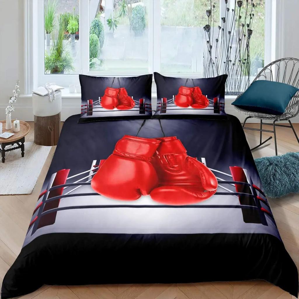 Boxing Duvet Cover Set Sports Games Theme Twin Bedding Set Microfiber Boxing Gloves Athlete Silhouette Queen King Quilt Cover
