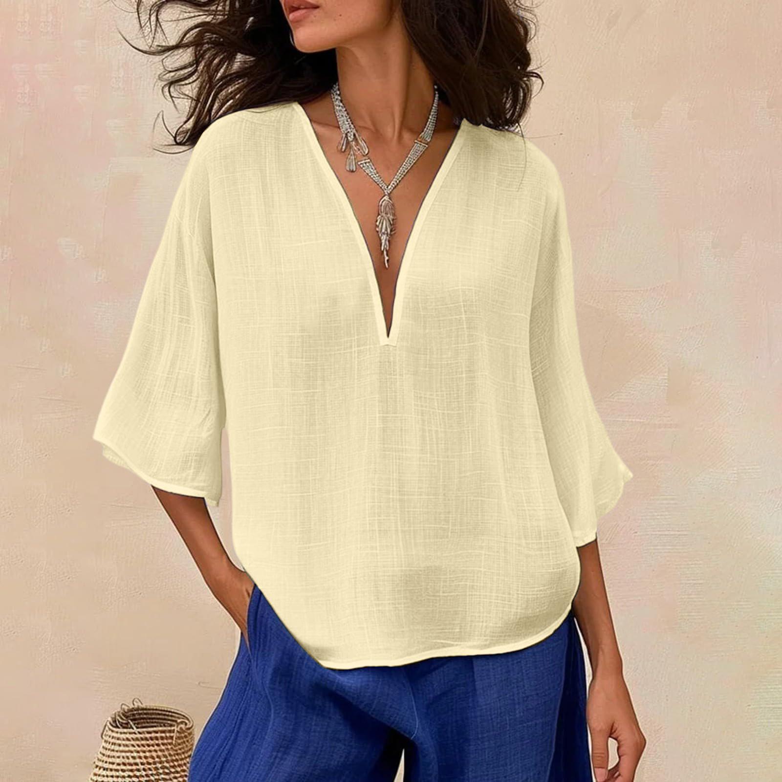 

Women s Color Loose Casual Cotton Linen V-neck Fashionable Mid Sleeved Shirt Top XL жовтий