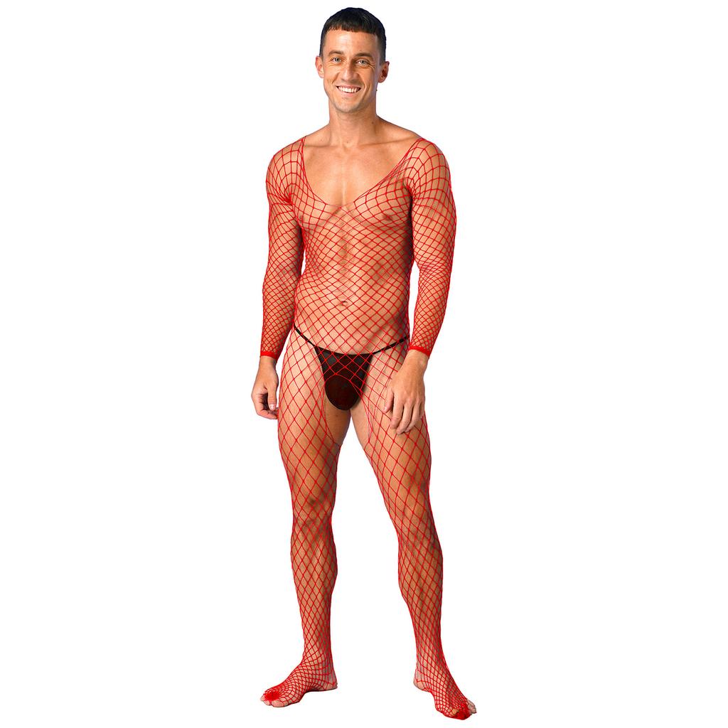 Mens Sheer Fishnet Bodysuit V Neck Long Sleeve Mesh Lingerie Sleepwear