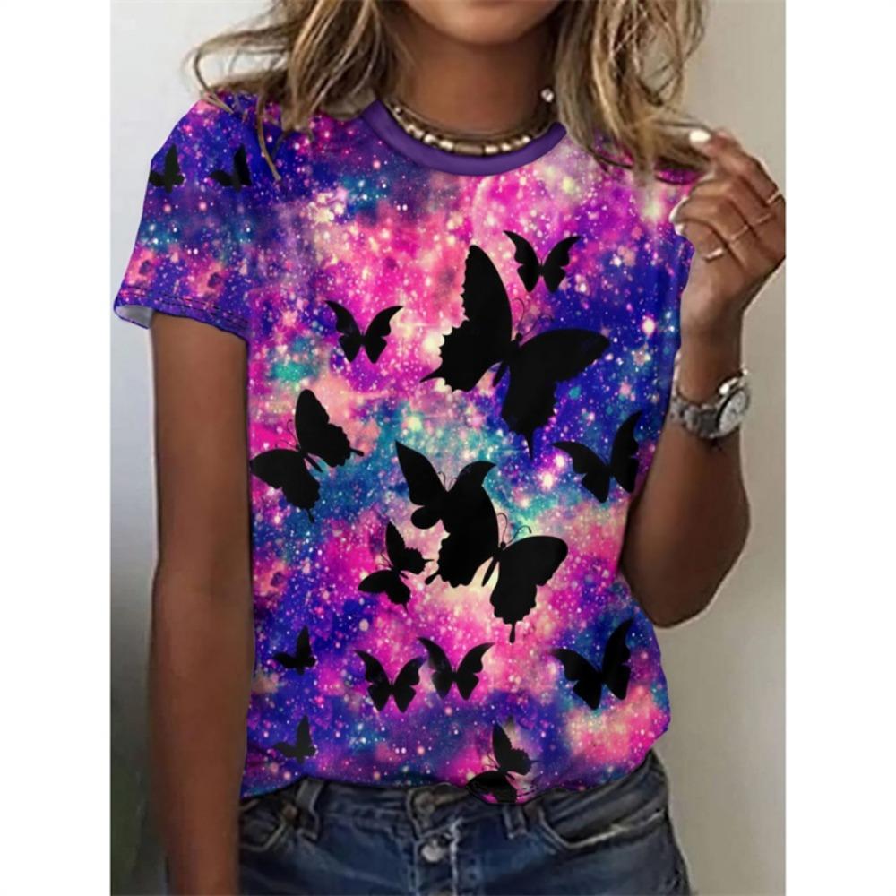 T-Shirt mit Schmetterlingsmuster für Damen, Blumen- und Insektenmotiv, 3D-Druck, lockere Oberteile für den Sommer, kurze Ärmel, Persönlichkeit, O-Ausschnitt