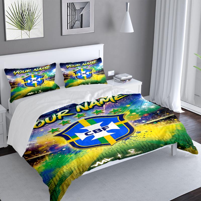 Custom Name Brazi Football Team 3PCS Bedding Set For Bedroom Dormitory,Including 1pc Duvet Cover And 2pcs Pillowcases Large size Fan gift