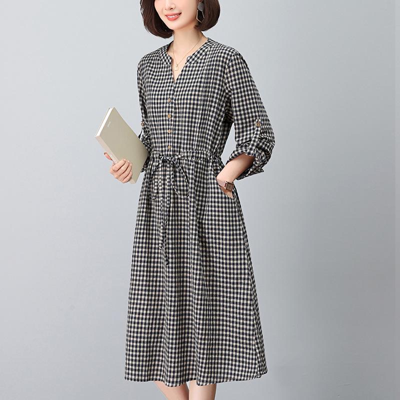 

Женское платье 2024 года, осеннее, в стиле ретро, в клетку, из хлопка и льна, с длинным рукавом, с дизайном, подчеркивающим талию L (115-125 pounds)