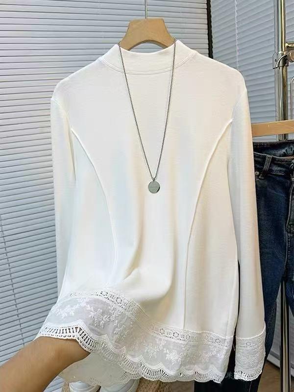 Korean Lace Patchwork Long-Sleeve Women’s T-Shirt, Age-Defying Loose Base Layer, Fall/Winter 2025 Fashion Design