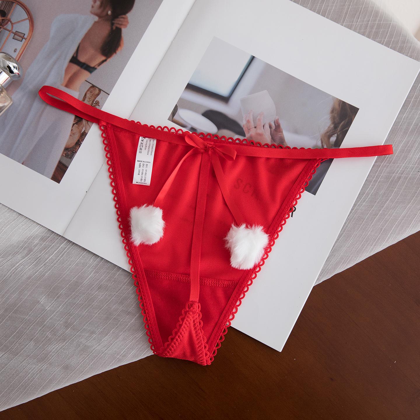 

Ladies Summer New Sexy Cute Hair Ball Solid Color Soft Ice Silk Thin Edge Low Waist Thong Underwear L червоний