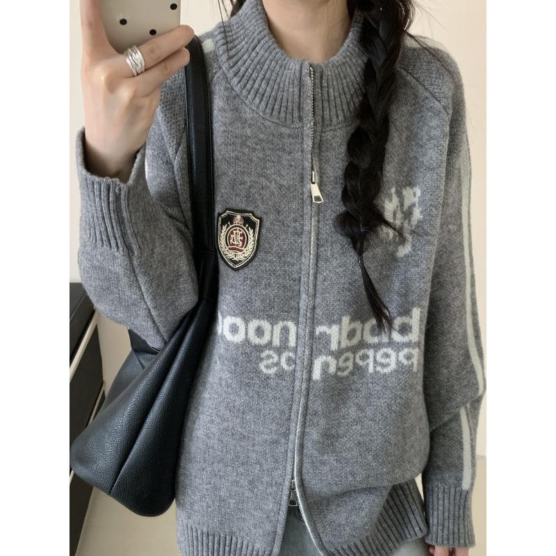 Letter Decorated Ladies Sweaters Baseball Style Loose Double Zipper Cardigan Autumn Versatile Solid Color Women's Coats