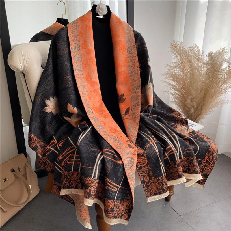 Scarf women's autumn and winter flower porcelain pattern warm thickened double-sided imitation cashmere air conditioner shawl mother scarf