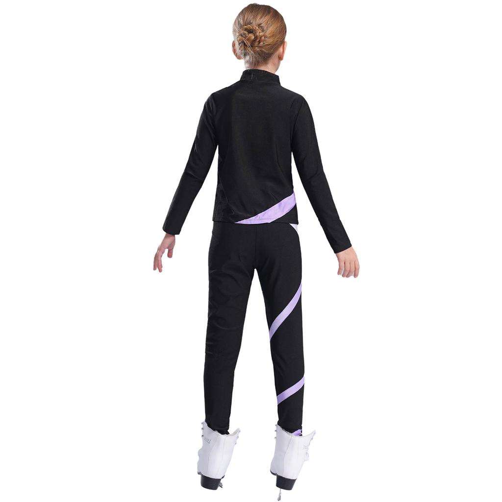 Girls Sports Set Shiny Rhinestone Star Contrast Color Long Sleeve Stand Collar Zipper Sweatshirt Colorblock Leggings