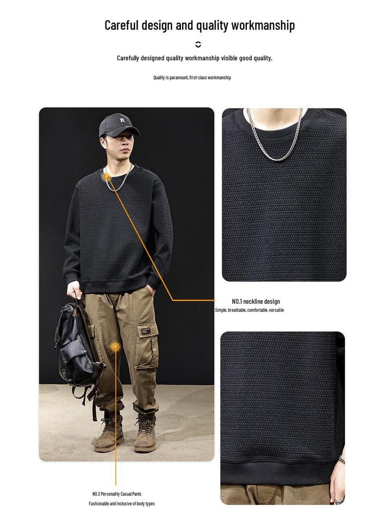 Men's 2025 Trendy Fleece-Lined Round Neck Hoodie for Autumn/Winter - Unique Texture, Long Sleeve