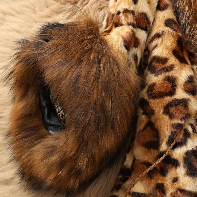 Autumn and Winter Imitation Fur Coat Women's Medium and Long Leopard Print Imitation Raccoon Fur Collar Thermal Coat Fur