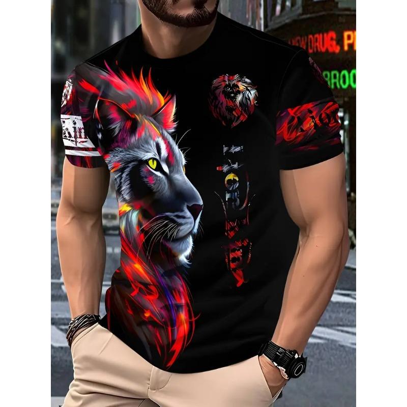 Men's 3D Printed T-shirt Casual Round Neck Lightweight Summer Trend Fashionable Versatile Lion Patterned T-shirt