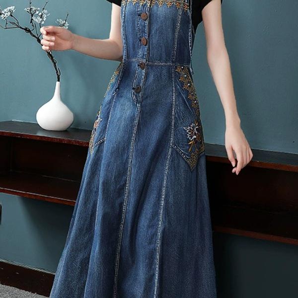 Ethnic Embroidered Denim Strappy Maxi Dress - Slimming Ankle-Length Style
