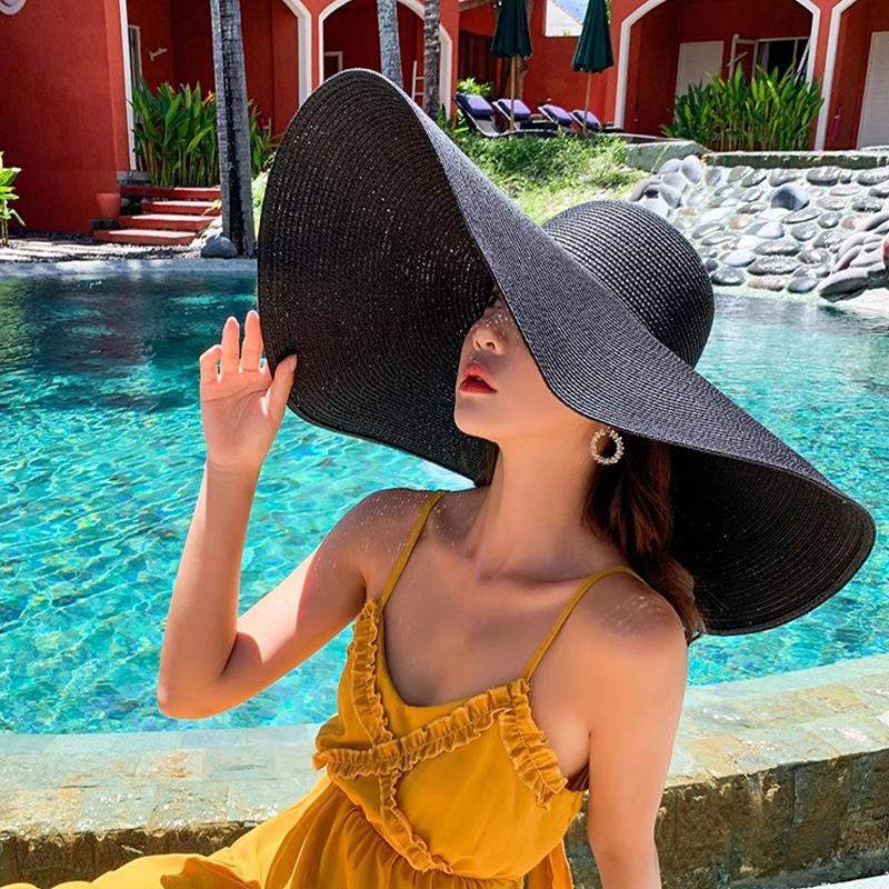 Chapeau à très large bord pour femmes, protection solaire, chapeau de plage en paille, chapeau de soleil de voyage, été au bord de la mer, grand bord 20 cm