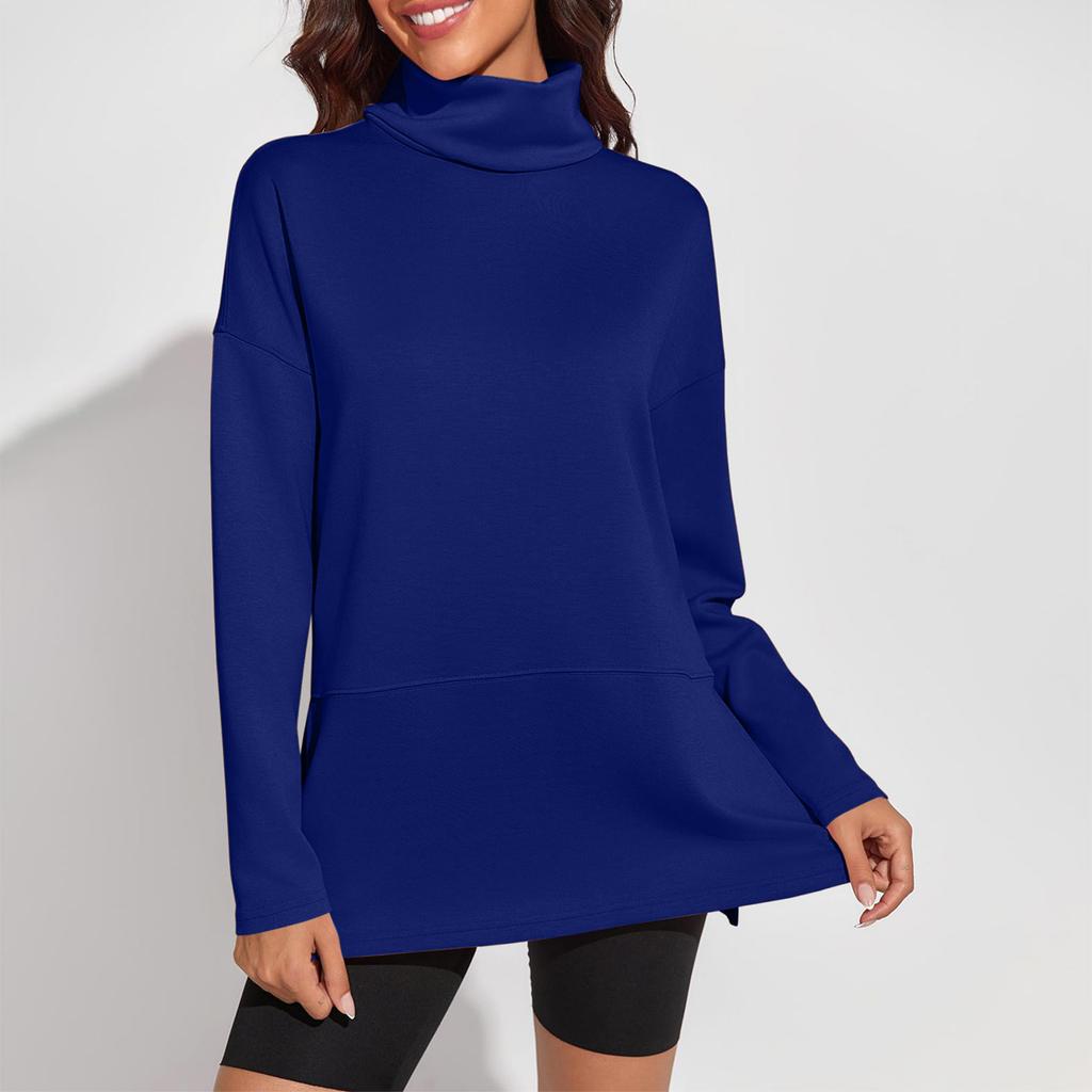 Women's Solid Color Slit Round Neck Sweatshirt Casual Top Loose Long Sleeved Top