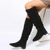 Pleated Boots Women Black Nude Faux Suede Flock Knee High Boot Ladies Flat Autumn Winter Dress Shoe Solid Slip on Botas