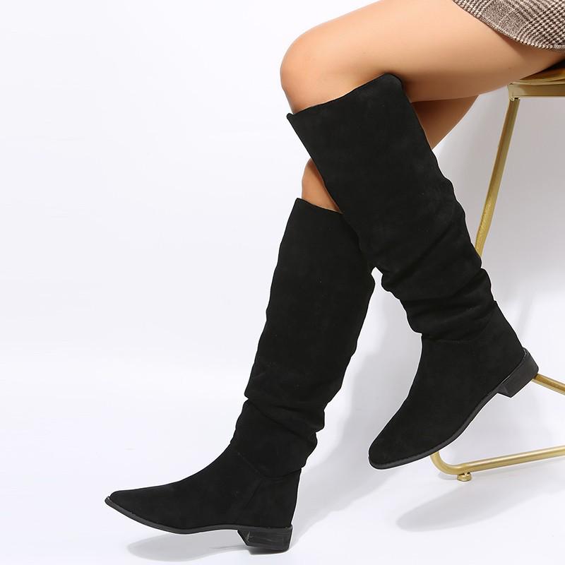 Pleated Boots Women Black Nude Faux Suede Flock Knee High Boot Ladies Flat Autumn Winter Dress Shoe Solid Slip on Botas