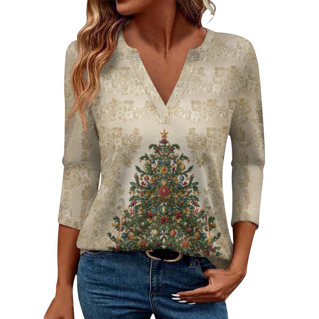 Women's Casual Fashionable Sexy Comfortable V-Neck Christmas Three-Quarter Sleeve Top