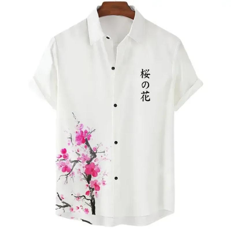 Fashionable Luxury Social Men's Shirt Lapel Button-down Shirt Casual Japanese Aesthetic Cherry Blossom Print Short-sleeved Tops