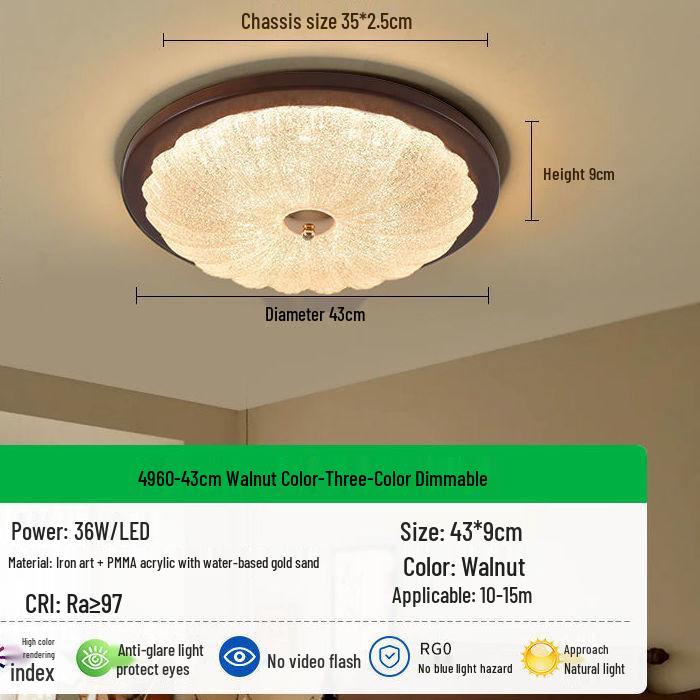 American Retro Mid-Century Walnut Crystal Ceiling Light for Master Bedroom, Study, or Restaurant