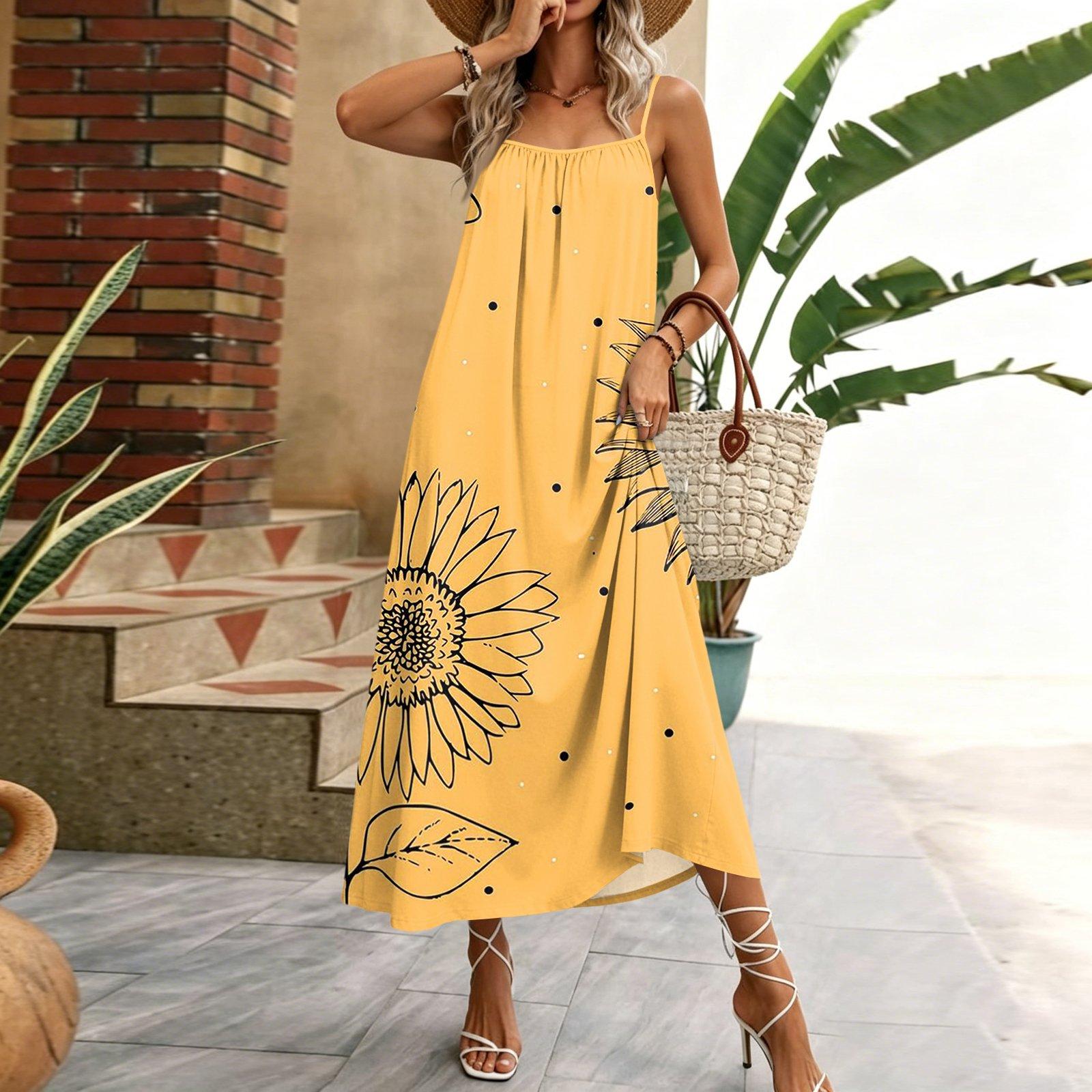 

Women s Sleeveless Maxi Dress Geometric Floral Print Lightweight Casual Long Dress for Home Vacation Beachwear XL жёлтый