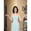 Holiday Wind Mint Green One-word Shoulder Dress, Gentle Wind Temperament Waist A-word Long Dress, Beautiful and Unique In Summer