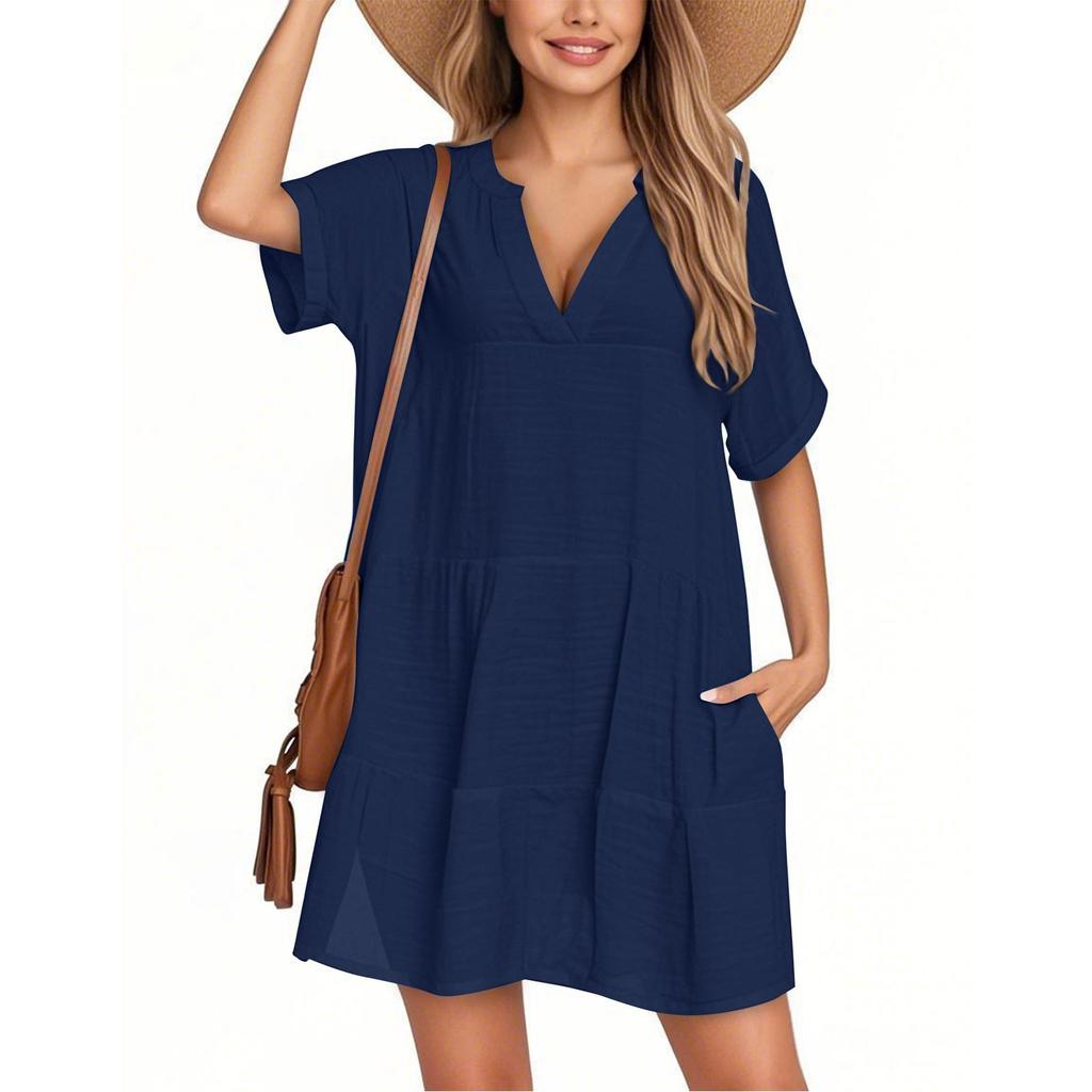 Women's Fashion Smock Casual Short-sleeved V-neck T-shirt Dress Holiday Beach Dress