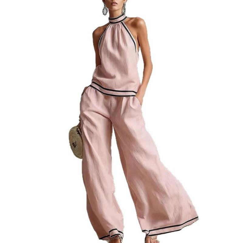 Women's Two Piece Set Halter Top Wide Leg Pants Contrast Trim Summer Vacation Outfit