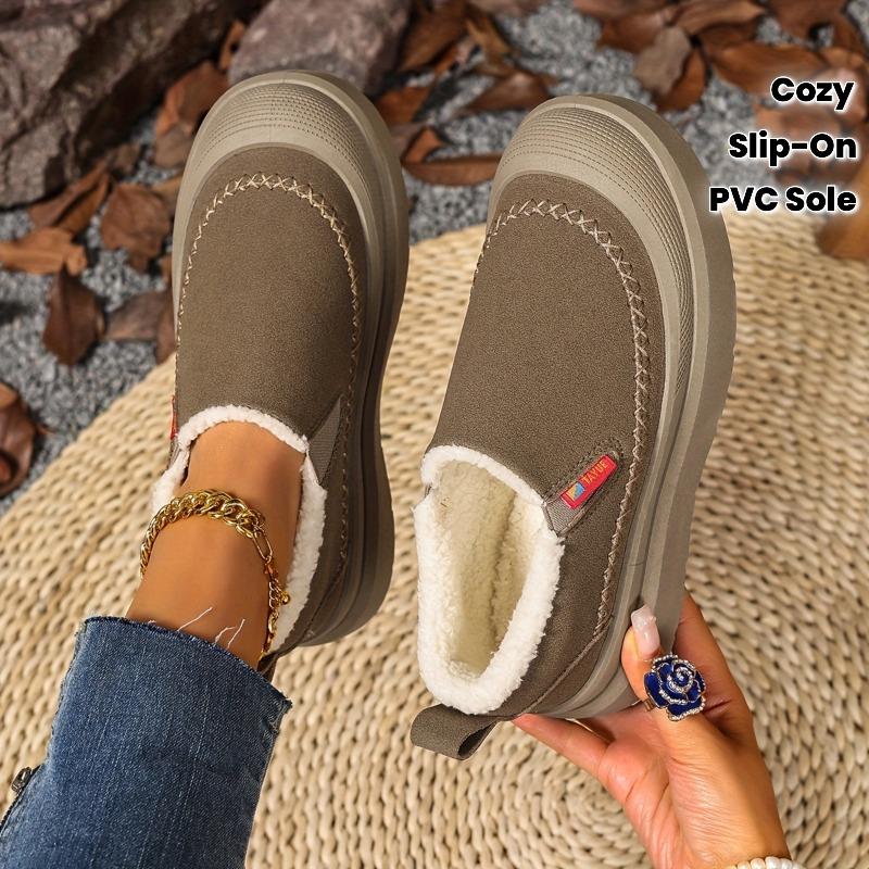 Women's Slip-On Winter Boots - Warm Brown Shoes with Cushioned Insole & Non-Slip PVC Sole - Cozy Indoor/Outdoor Footwear for Cold Weather - Easy
