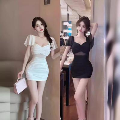 Women's Workwear Store Low-cut Sexy Pleated Hollow Mesh Feifei Sleeves Hip-wrapped Bottom Short-sleeved Dress