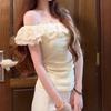 French Lace Ruffle Edge Slanted Shoulder Short Sleeve Women's Pure Desire Sexy Niche Off-the-shoulder Pleated Slim-fit Student Top