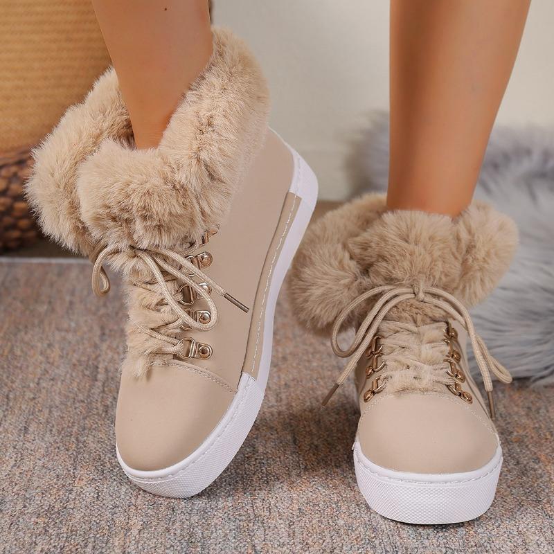 Women's Winter Short-Booties with Long Fur Trim, Leather-Look Snow Boots, Plus Size with Fleece Lining and Thickened Soles