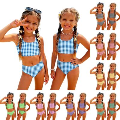 Girls Two Piece Swimsuit Set Summer Plaid Print Tankini Top and High Waist Bottoms Swimwear for Kids Comfortable Fit