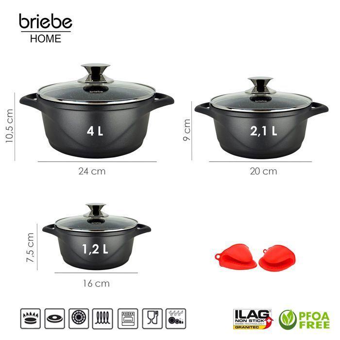 Batterie de Cuisine Induction 6 Pièces Aluminium Fonte 3 Casseroles 3 Couvercles Briebe MGK-18 Noir 93799
