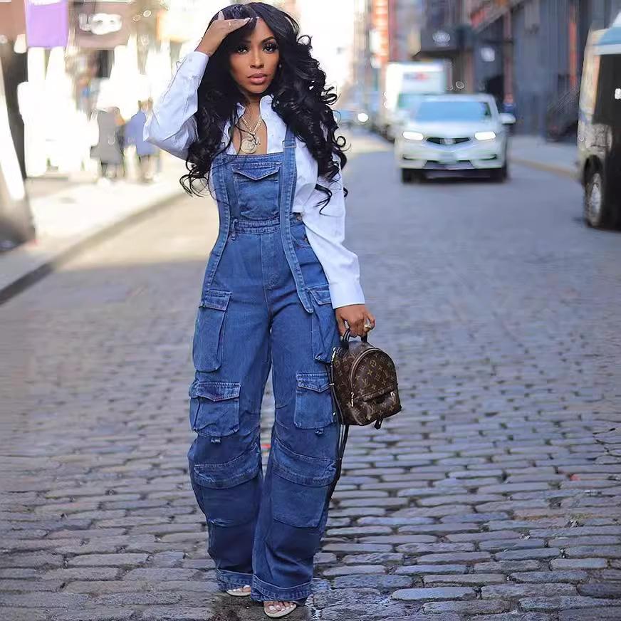 

Women s Loose Denim Halter Onesie Cross-Border Spring Street Fashion Multi-Pocket Overalls Attractive Stylish One-Piece Suit XS синій