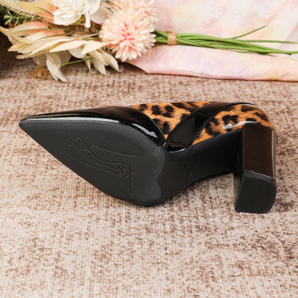 Chunky Heel Patent Leather Pointed Toe Low-Cut High Heels for Women's Large Sizes 41-43