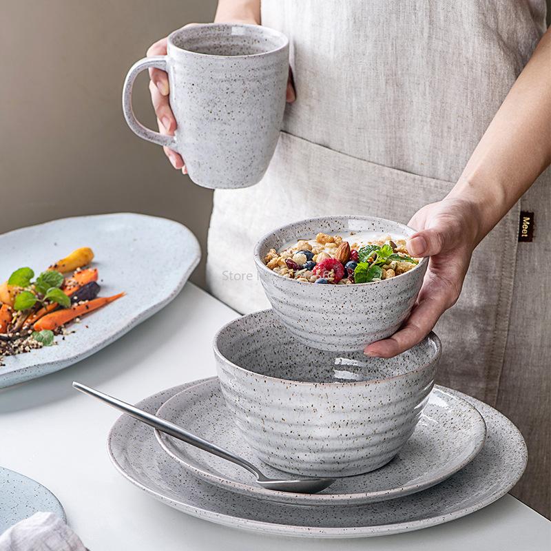 Simple and Creative Ceramic Tableware Set Kiln Glaze Relief Household Meals Japanese Bowl Fruit Breakfast Plate