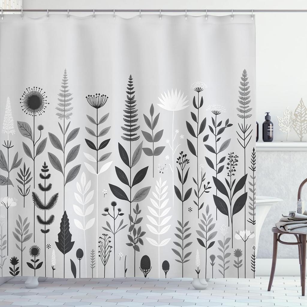 Grey Shower Curtain, Simple Botany Modern Interpretation Of Scandinavian Leaves And Flowers, Cloth Fabric Bathroom Dec